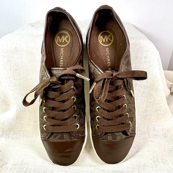 Michael Kors City Sneakers Brown Leather MK Logo Lace-Up Women’s Size 8.5M - Picture 1 of 16